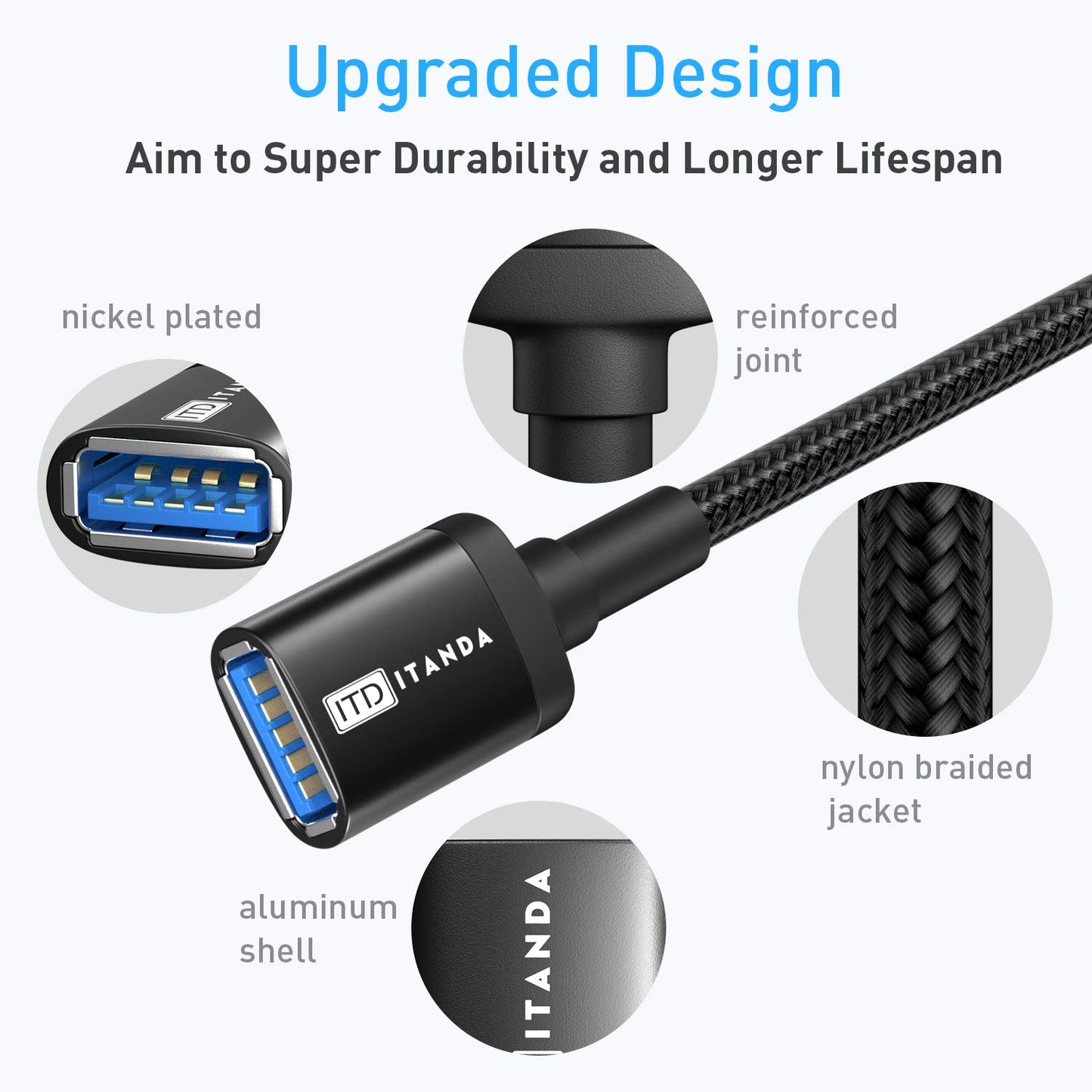 ITD ITANDA 6FT USB Extension Cable USB 3.0 Extension Cord Type A Male to Female 5Gbps Data Transfer for Keyboard, Mouse, Playstation, Xbox, Flash Drive, Printer, Camera and More, Black