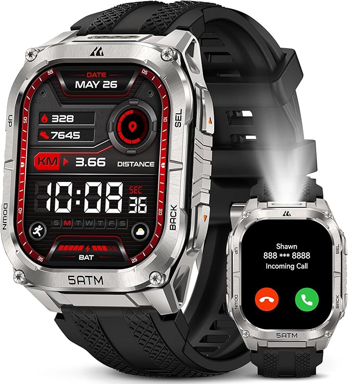 KOSPET Tank M4C Outdoor Smart Watch with GPS, 1.96" AMOLED Display, Built-in LED Flashlight & Walkie-Talkie, Long Battery Life, 5ATM Waterproof, Bluetooth Calls, 24/7 Heart Rate/Sleep Monitor