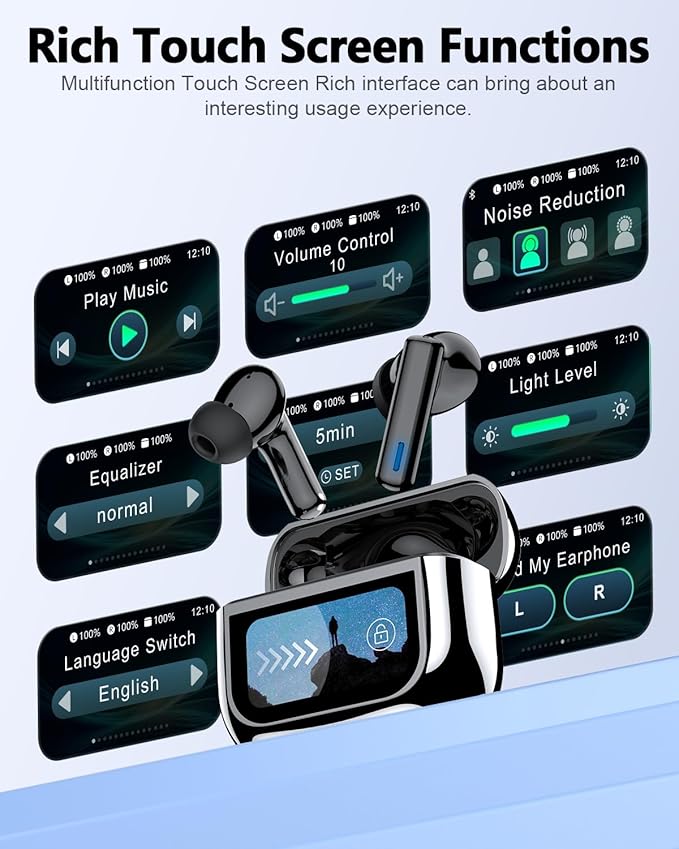 ZIUTY Wireless Earbuds Bluetooth Headphones, ANC/ENC Noise Cancelling, Ear Buds with Multifuntional Touch Screen, 40H Stereo Sound for Sports, IPX7 Clear Calls, 5 EQ for iOS Android(Black)