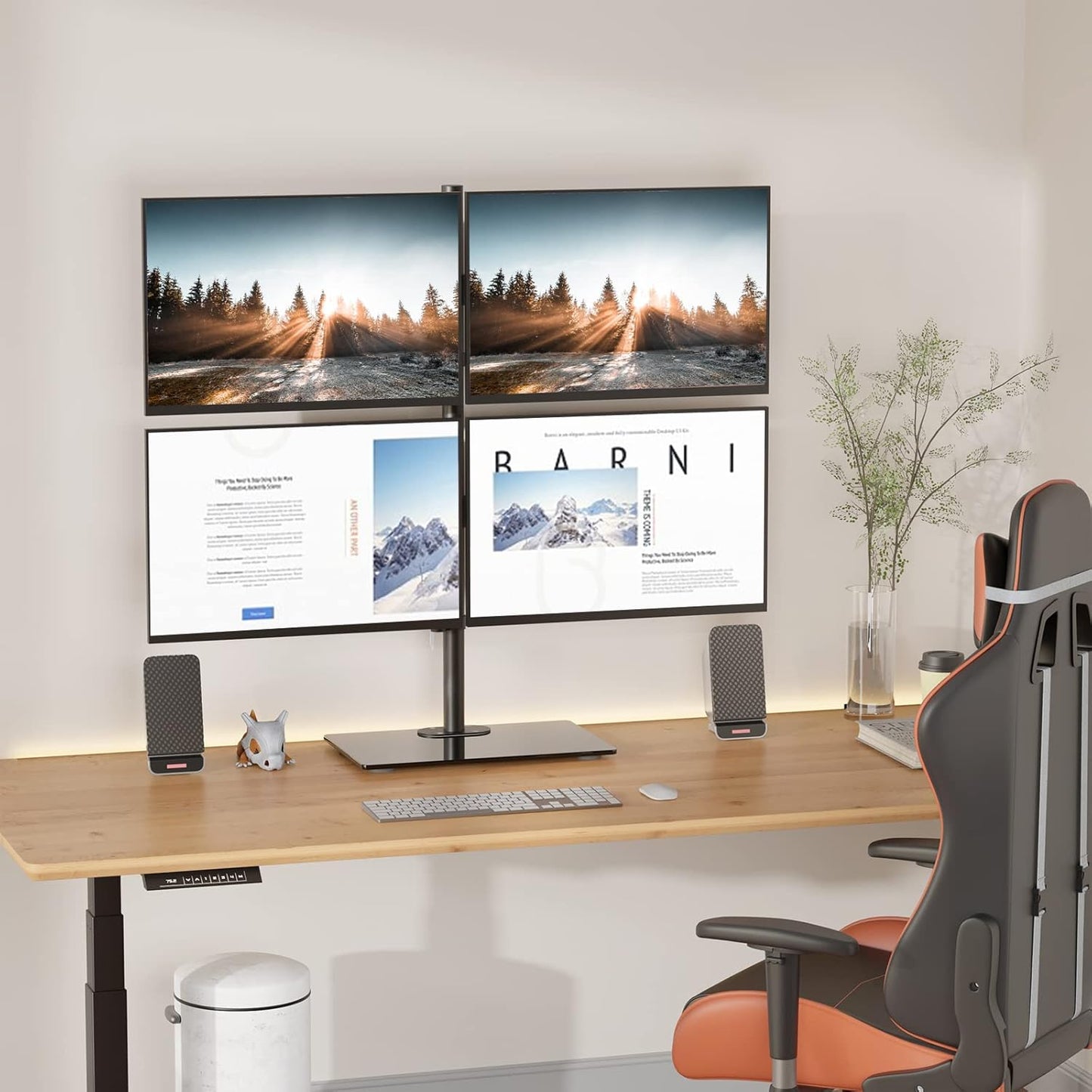 WALI Freestanding Quad Monitor Mount for 17-27 Inch Screens, Fully Adjustable 4 Monitor Stand with Swivel, Tilt, Rotation, Glass Base, Max Load 22 lbs per Arm (GMF004), Black