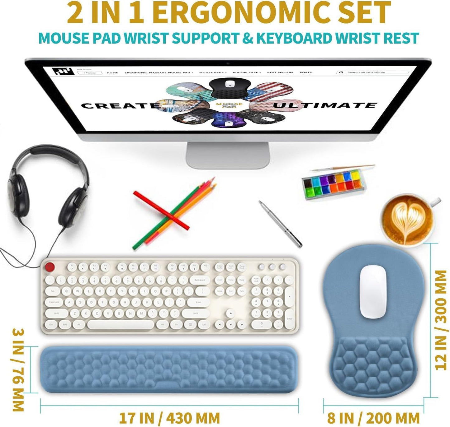 Hokafenle 2 in 1 Ergonomic Mouse Pad Wrist Support & Wrist Rest for Computer Keyboard Set, with Relieve Carpal Tunnel Pain Massage Bulge and Full Memory Gel Design (2In1 Set, Lake Blue)