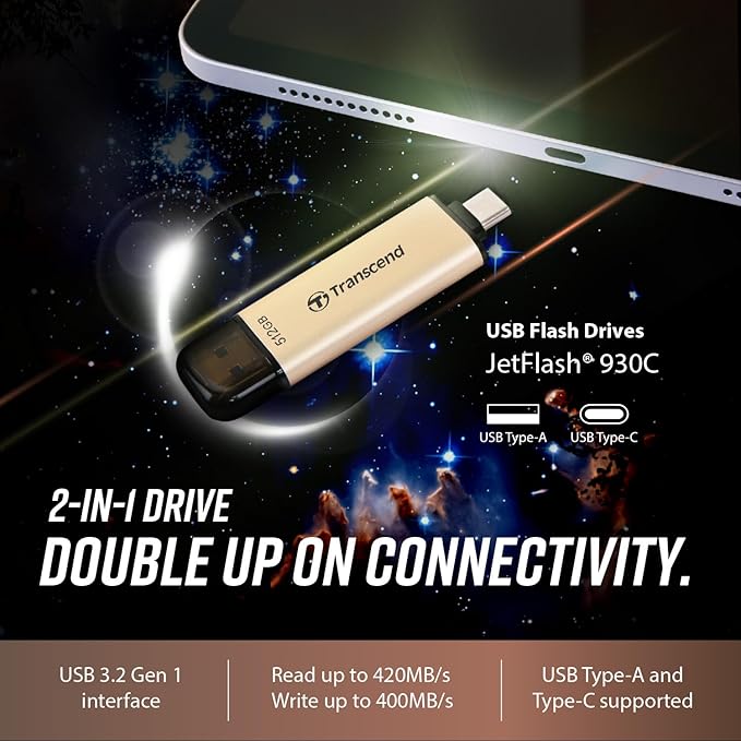 Transcend JF930 512GB Dual USB C Flash Drive for iPhone/iPad/Mac/Windows, Android/Tablet/PC/Gaming Console, Photo Stick Up to 420MB/s, USB 3.2 Thumb Drive, Memory Stick with 2-in-1 Type C &Type A