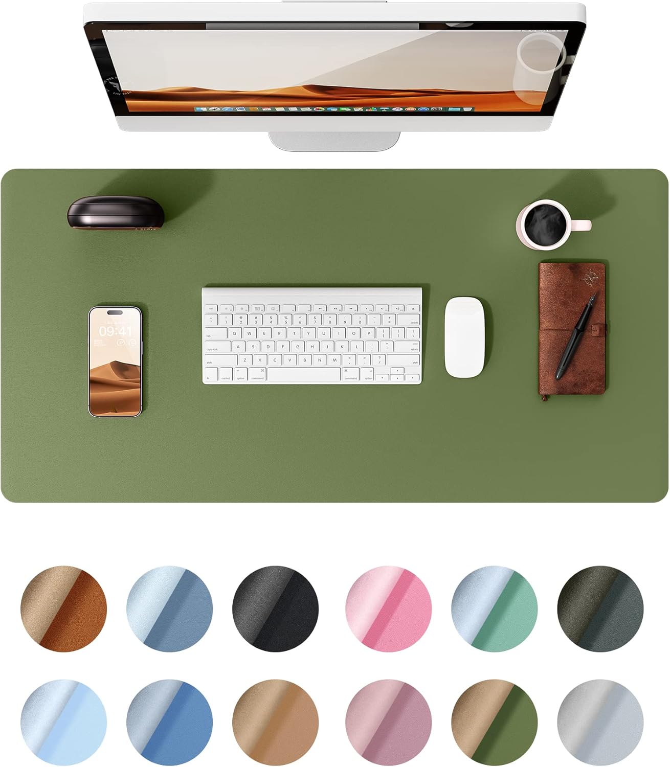 YSAGi Leather Desk Protector, Office Mat, Large Mouse Pad, Non-Slip PU Leather Blotter, Laptop Desk, Waterproof Writing Pad for Office and Home (Green, 31.5" x 15.8")