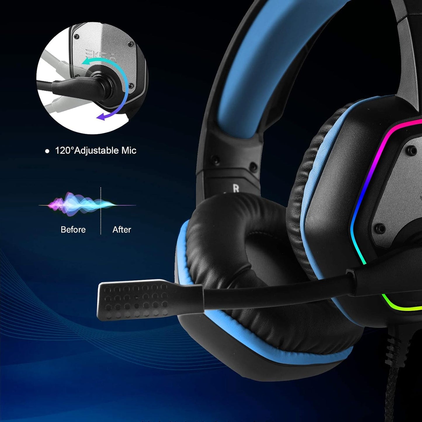 EKSA E1000 Gaming Headset, Computer Headphones with Noise Canceling Mic & RGB Light, 7.1 Surround Sound, Compatible with PC, PS4 PS5 Console, Laptop (Blue)