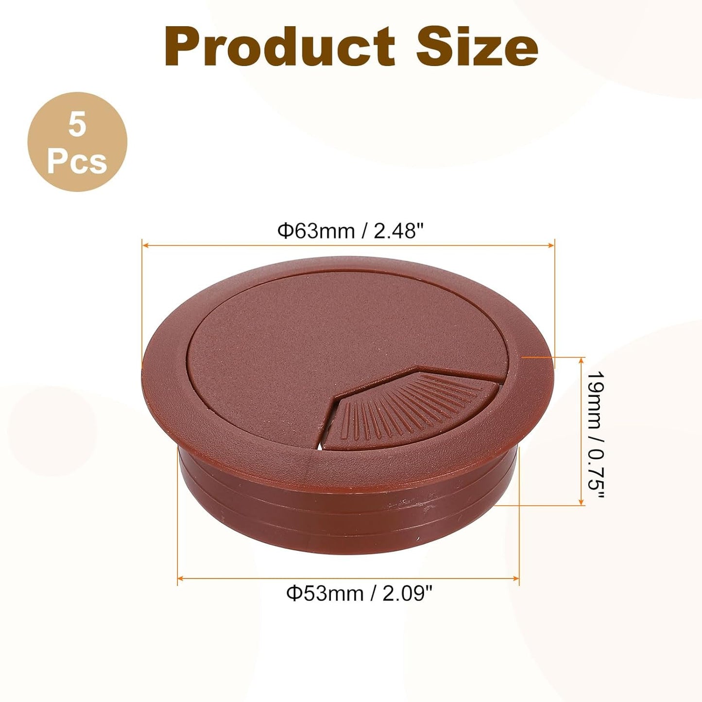 uxcell 5 Pcs 53mm (2.09 Inch) Desk Grommet, Plastic Cable Hole Cover, Wire Cord Cable Organizer for Home Office Computer Desk Cabinet, Brown