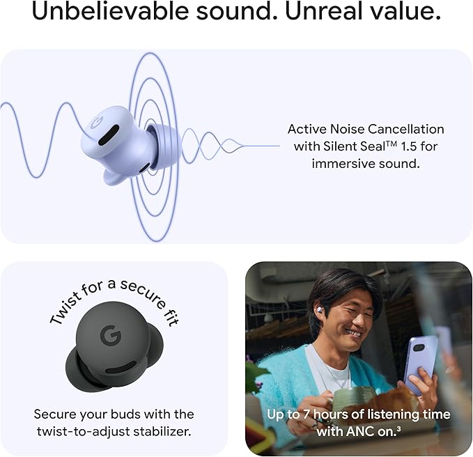 Google Pixel Buds 2a - Wireless Bluetooth Earbuds with Active Noise Cancellation and Transparency Mode - Lightweight, Comfortable Fit - 20-Hour Battery - Water Resistant - Built for Gemini - Fog
