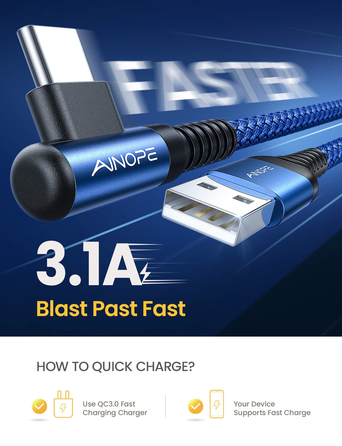 AINOPE [2 Pack 10FT] USB C Cable 3.1A C Charger Cable Fast Charging Right Angle Nylon Braided USB to USB C Compatible with Galaxy S22 S21 S10, Note 10 9 A51 LG G8 G7 Charging Cord
