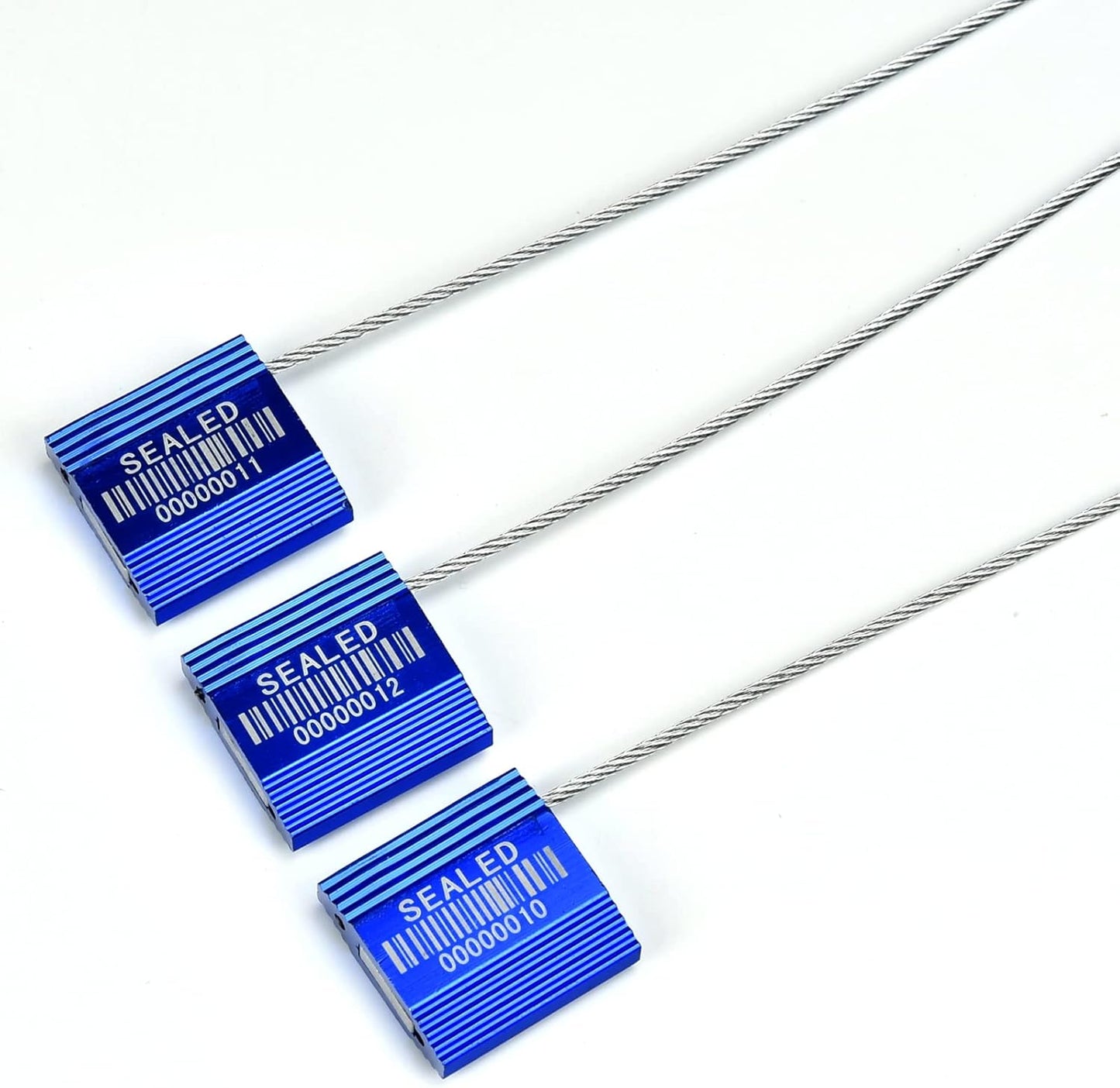 100 Blue Steel Cable Seals with Barcode - High Security Numbered Truck Seals - Anti-Tamper Pull Tite Self-Locking Safety Ties - ISO 17712