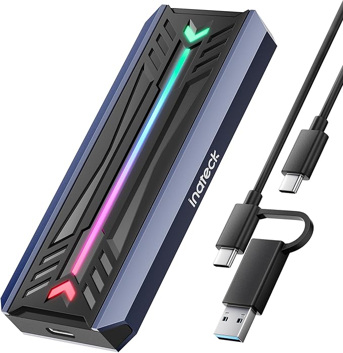 Inateck M.2 NVMe SATA SSD Enclosure with RGB,USB 3.2 Gen 2 (10 Gbps) Enclosure Support UASP Trim for NVME/SATA SSDs 2242/2260/2280(M Key), Tool-Free Installation(Up to 4TB)，FE2024