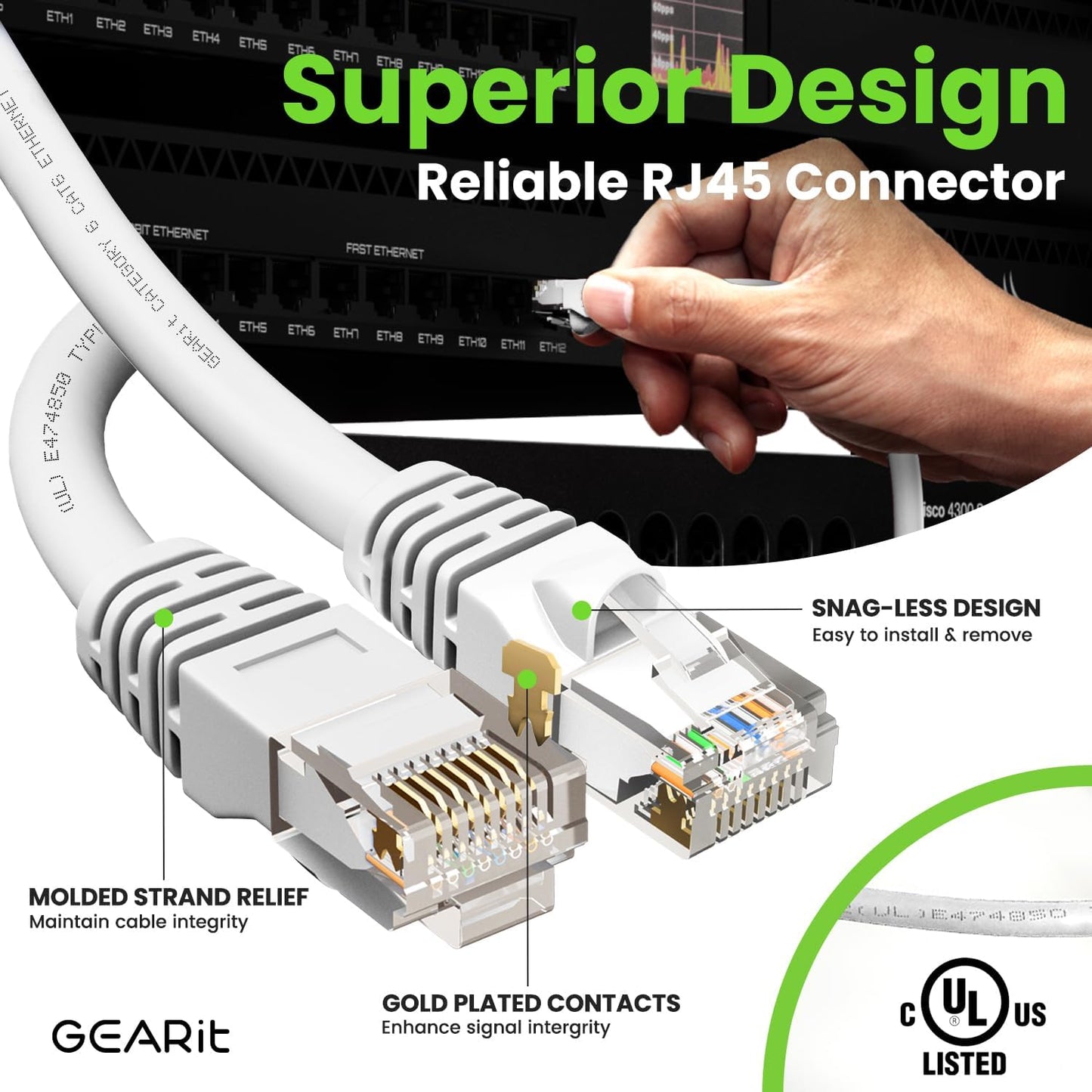 GEARit Cat 6 Ethernet Cable (1-Pack 50 Feet) Cat6 Network Patch, 10Gbps, RJ45, Snagless Cord, Gold-Plated Connectors, Internet for PC, TV, Tablet, Router, Printer, Servers, IT Data Center - White