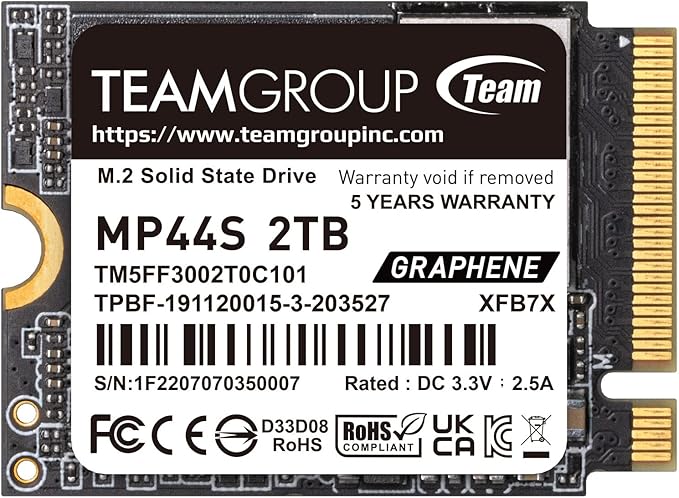 TEAMGROUP MP44S SSD 2TB SLC Cache Gen 4x4 M.2 2230 PCIe 4.0 NVMe Steam Deck ASUS ROG Ally Mini PCs R/W Speed up to 5000/3500 MB/s TM5FF3002T0C101