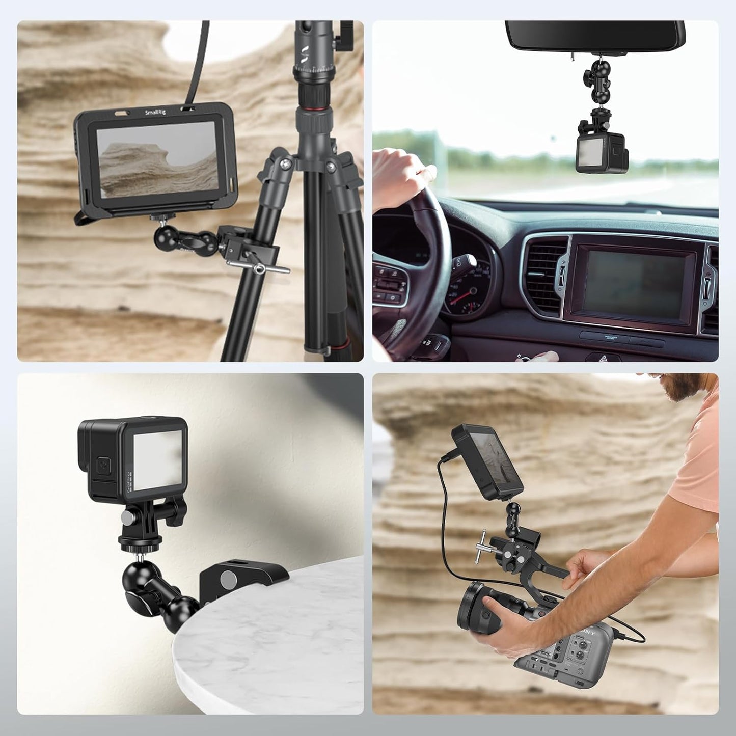 SMALLRIG Super Camera Clamp Mount 2-Pack, Double Ball Head Magic Arm Adapter, Fence/Desk/Tripod Mount for Monitor/Light/Camera, for Insta360, for Gopro, for Osmo Pocket 3, 5321