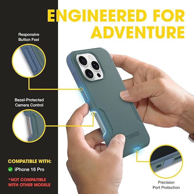 OtterBox iPhone 16 Pro (Only) – Commuter Series Case – Built-in MagSafe – Thin, Dual-Layer, Pocket-Friendly, Port Cover – Saltwater Breeze (Sage/Blue)