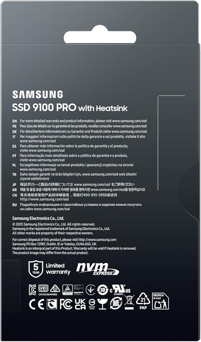 Samsung SSD 9100 PRO with Heatsink 2TB, PCIe 5.0x4 M.2 2280, Seq. Read Speeds Up to 14,700/13,400 MB/s, Best for AI Computing, Gaming, and Heavy Duty Workstations (MZ-VAP2T0CW)