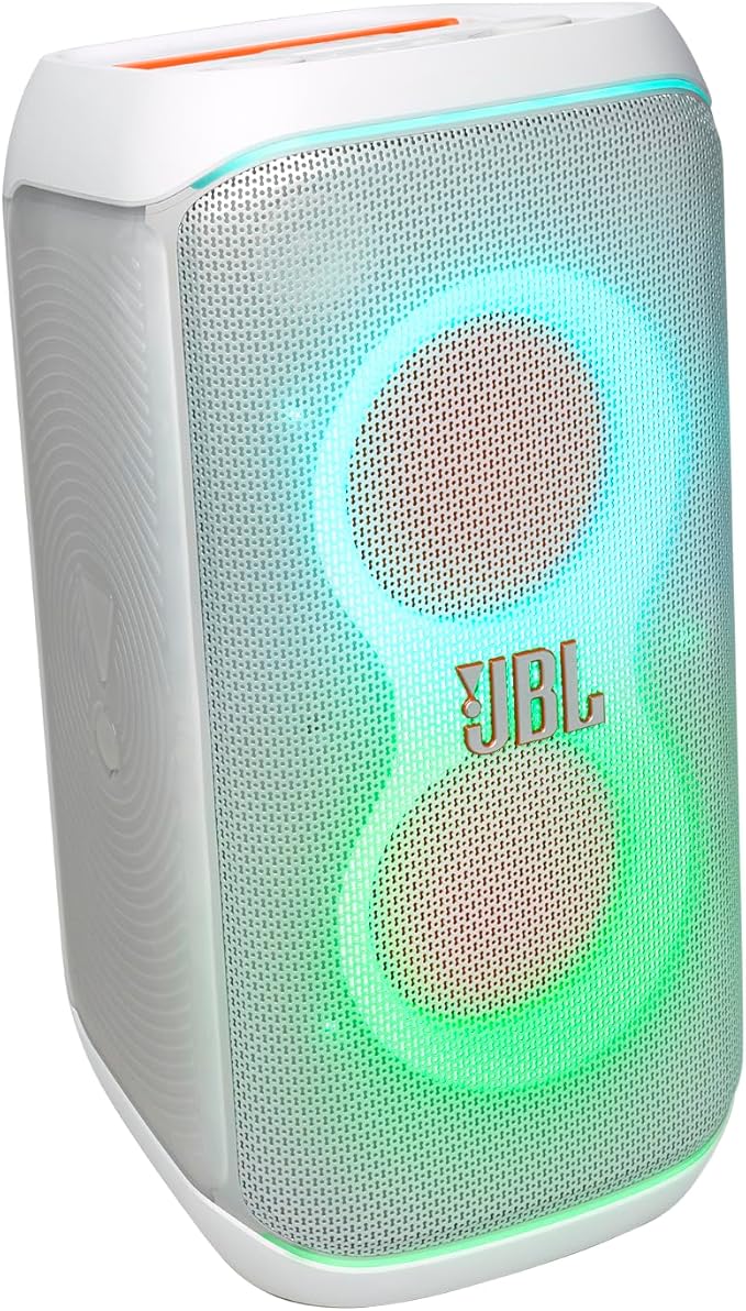 JBL PartyBox Club 120 - Portable Party Speaker with Foldable Handle, Powerful JBL Pro Sound, Futuristic lightshow, Up to 12 Hours of Play time, Splash Proof, Dual Mic & Guitar Inputs (White)
