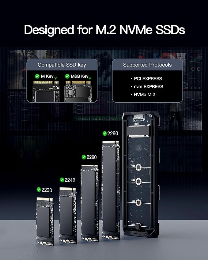 Inateck M.2 NVMe SATA SSD Enclosure with RGB,USB 3.2 Gen 2 (10 Gbps) Enclosure Support UASP Trim for NVME/SATA SSDs 2242/2260/2280(M Key), Tool-Free Installation(Up to 4TB)，FE2024