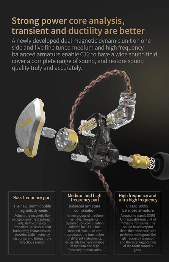 CCA C12 in Ear Earphones 5BA 1DD Hybrid Drivers Wired Sport Earbuds Headphones Stereo Gaming Headset HiFi Clear Sound for Musician Audiophile Singer DJ