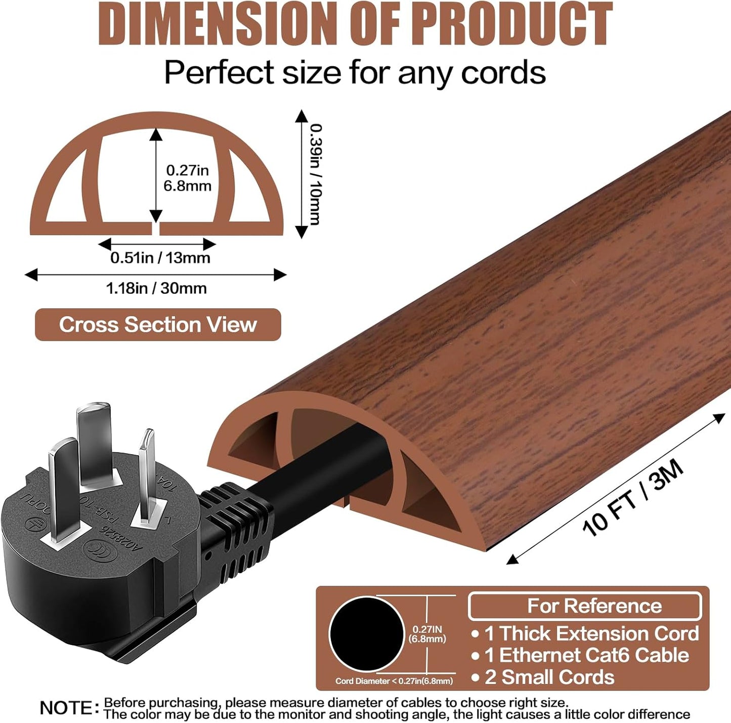 Floor Cord Cover Self Adhesive Cord Hider,10FT Cable Management, Extension Strip Protector for Wires, Prevent Cable Trips for Offices, Gyms, Exhibitions Cavity:0.39"(W) x 0.27"(H) Wood Red Teak