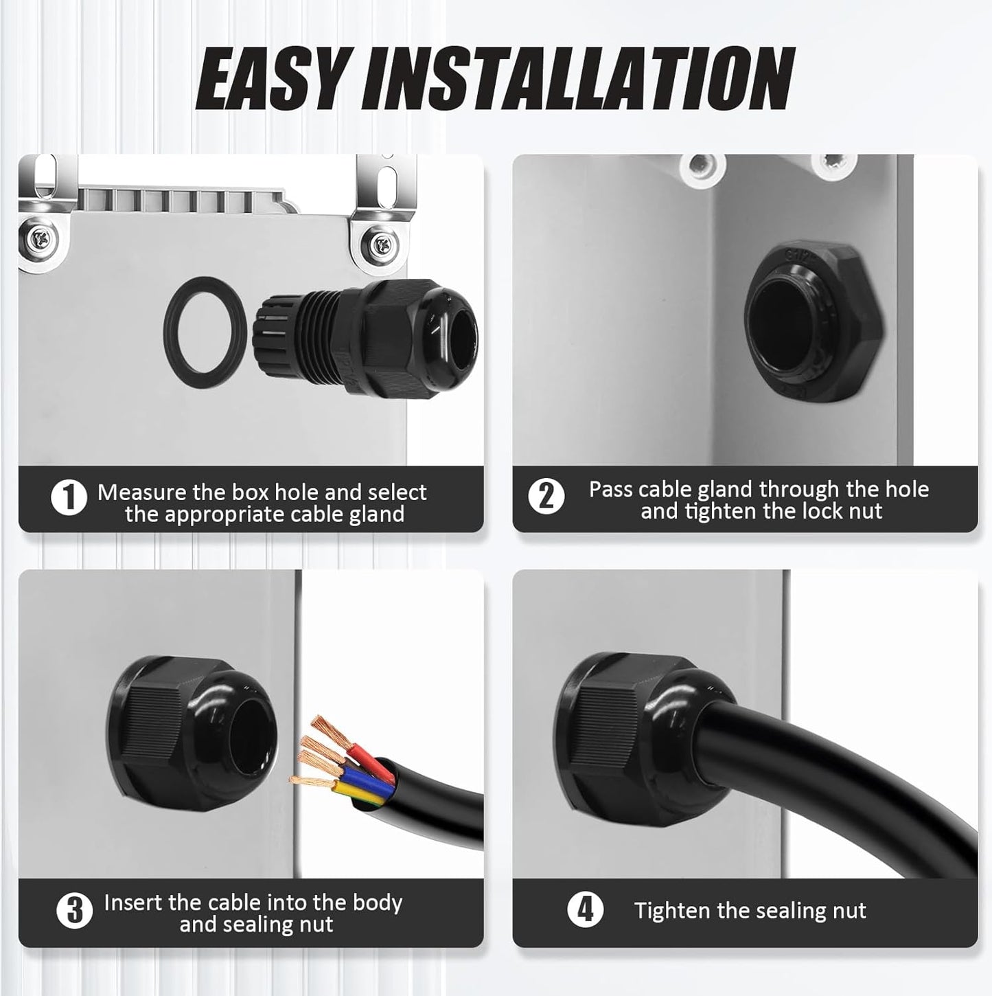 12 Pcs Nylon Cable Glands, Black Strain Relief Cable Cord Connector IP68 Waterproof Junction Box Wire Protectors Adjustable (6 Pcs 3/4" NPT + 6 Pcs 1/2" NPT)