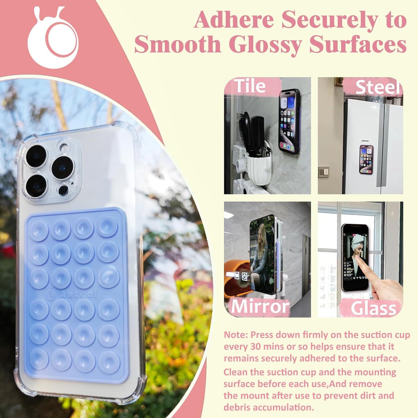 Anteel MAX Silicone Suction Phone Case Adhesive Mount, Upgraded Super Strong Grip, Durable, Easy to Use, Hands-Free Sticky Phone Holder for Selfies, Tiktok Videos, 2.56"x3.94" (LPE&LPE)