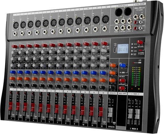 Professional DJ Audio Mixer, 12 Channel Audio Mixer, Bluetooth Sound Mixer, USB Interface, 12 XLR Mic/Line Input, AUX, FX Processor MP3, Headphone,+48V Phantom For Karaoke Studio Streaming Recording