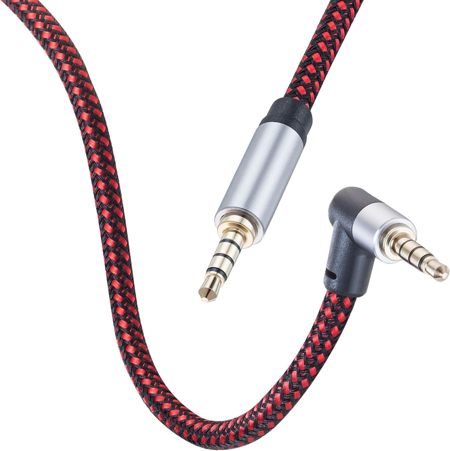 Male to Male Audio Cable 15Ft, 90 Degree TRRS 3.5mm 4 Pole Nylon Braided Stereo Aux Cable for Headphones, PS4, Phone, Tablet, Headset, PC, Laptop and More (15Ft)