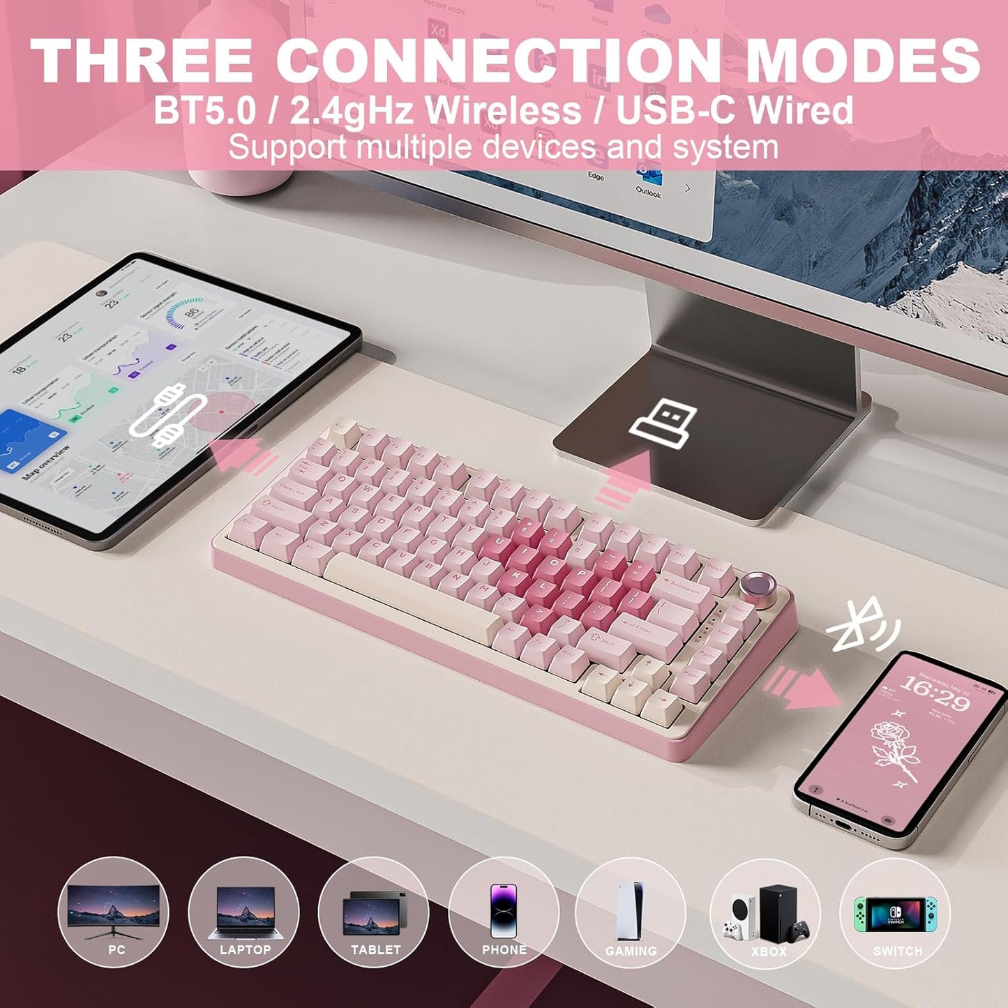 YUNZII B75 PRO Wireless Mechanical Keyboard,75% Layout with Knob,Hot Swap Gasket Custom Structure,Creamy Pre-lubed Switches,RGB Backlit,Bluetooth/Type-C/2.4G for Win/Mac(Cocoa Cream V2 Switch,Pink)