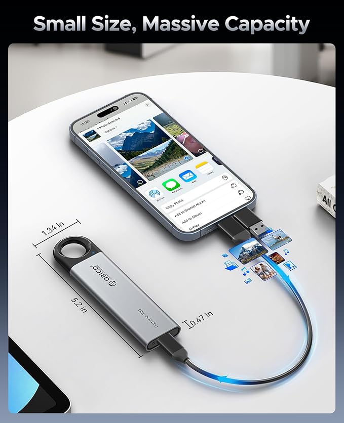 ORICO 256GB External SSD - Ultra-Fast 460MB/s Speed, External Hard Drive with Hanging Hook Design, Plug & Play, USB-C & A 2-in-1 Cable, Portable SSD for USB-C Smartphones, Tablets, Laptops - C5