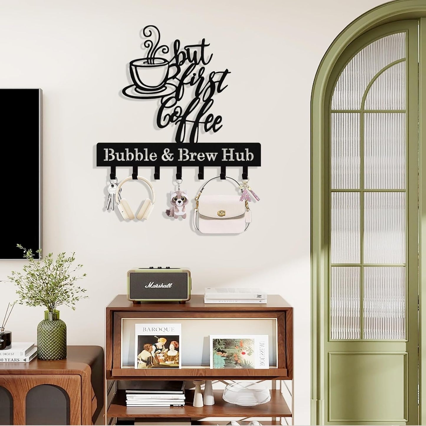 Personalized Coffee Key Holder Wall Mount, Custom Metal Key Rack Key Holder with Name, Deer Cabin Wall Keys Hanger with Hooks for Entryway, Front Door, Hallway, Kitchen, Living Room
