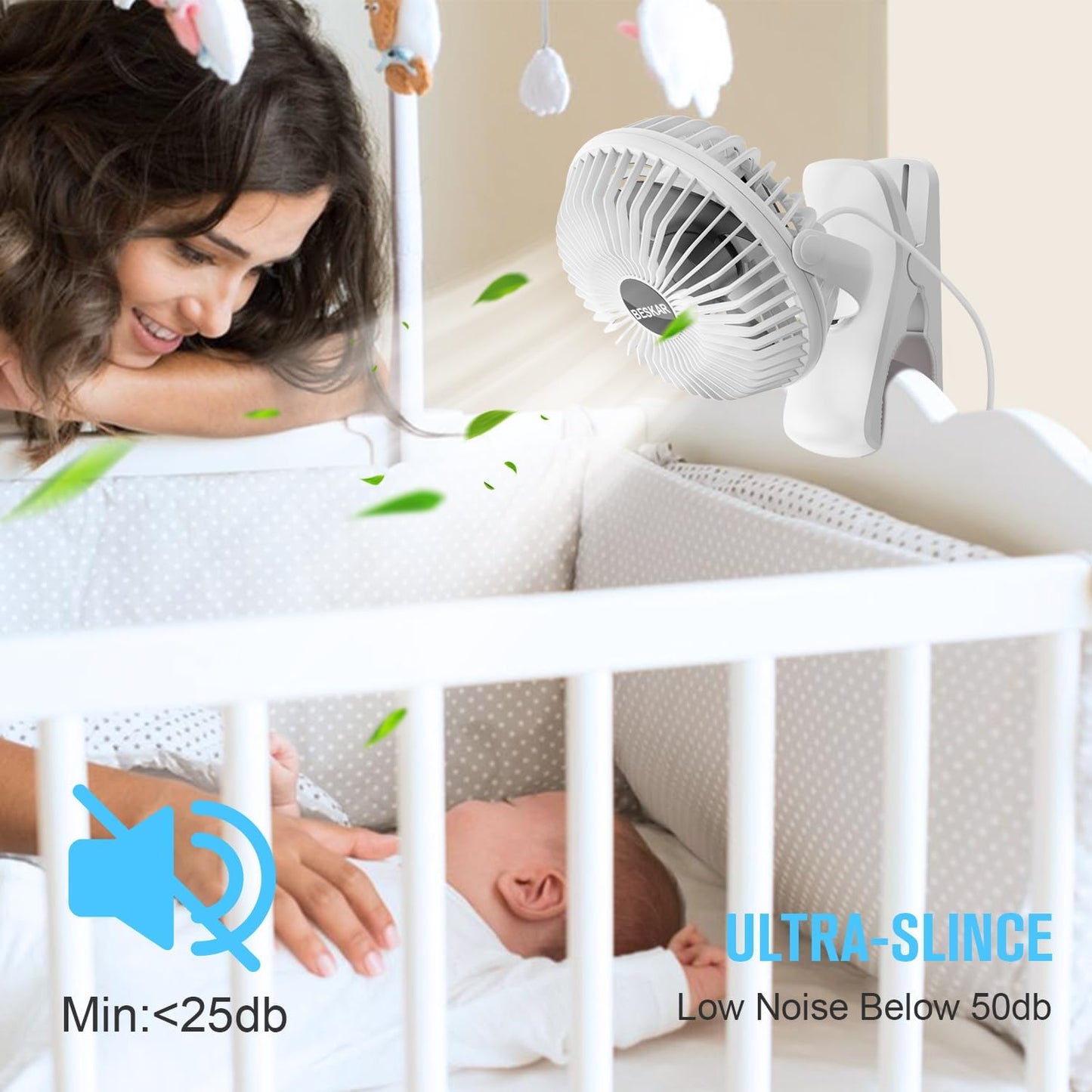 BESKAR Clip on Fan, 360° Rotation Quiet Stroller Fans with Strong Airflow,3 Speeds, Portable Small Fans with Sturdy Clamp,Perfect Personal Cooling Fan for Office Table Bedroom Kitchen
