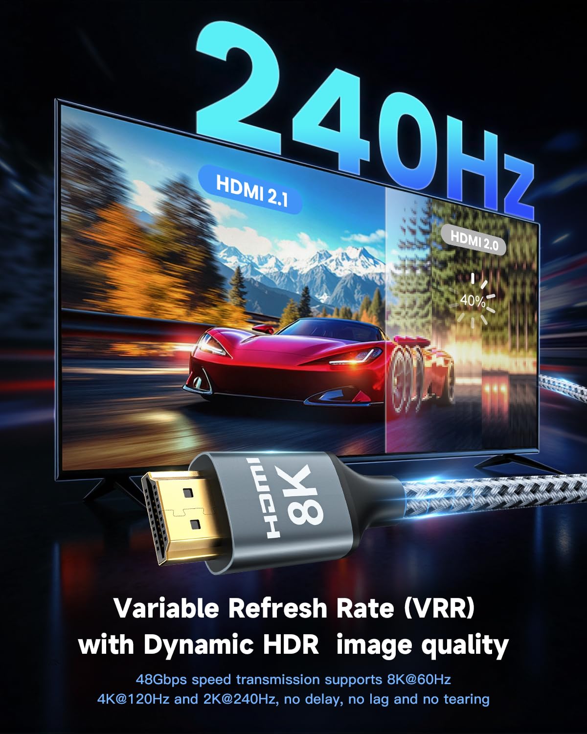 ARISKEEN 8K HDMI Cable 9 FT, 48Gbps High Speed HDMI 2.1 Cable, 8K 60Hz, 4K 120Hz 144Hz Braided HDMI Cord - 9 Feet