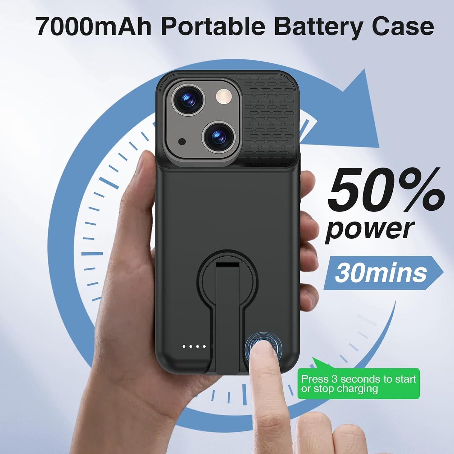 Battery Case for iPhone 15/15 Pro, Charging Case with Stand 7000mAh Rechargeable Ultra-Slim Anti-Fall Protection Extended Battery Pack Charger Cover for iPhone 15/15 Pro Battery Case 6.1" Black