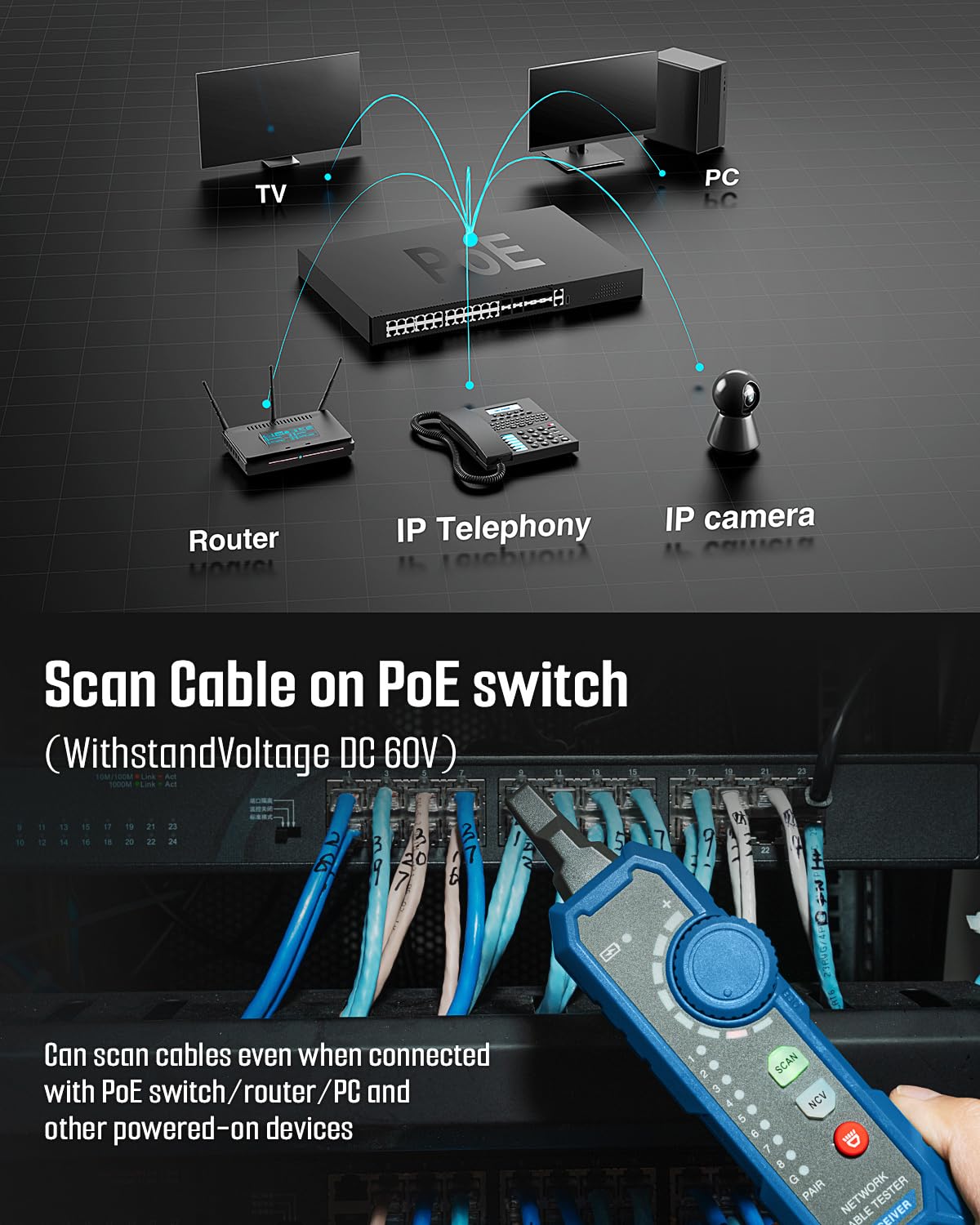TESMEN TLP-900AR Network Cable Tester, Multi-Function Cable Tracer with Pairing, Continuity, QC&NCV, RJ11 RJ45, for CAT5/6/POE/STP, Suitable for Ethernet, Telephone, Wire Maintenance and Sorting-Blue