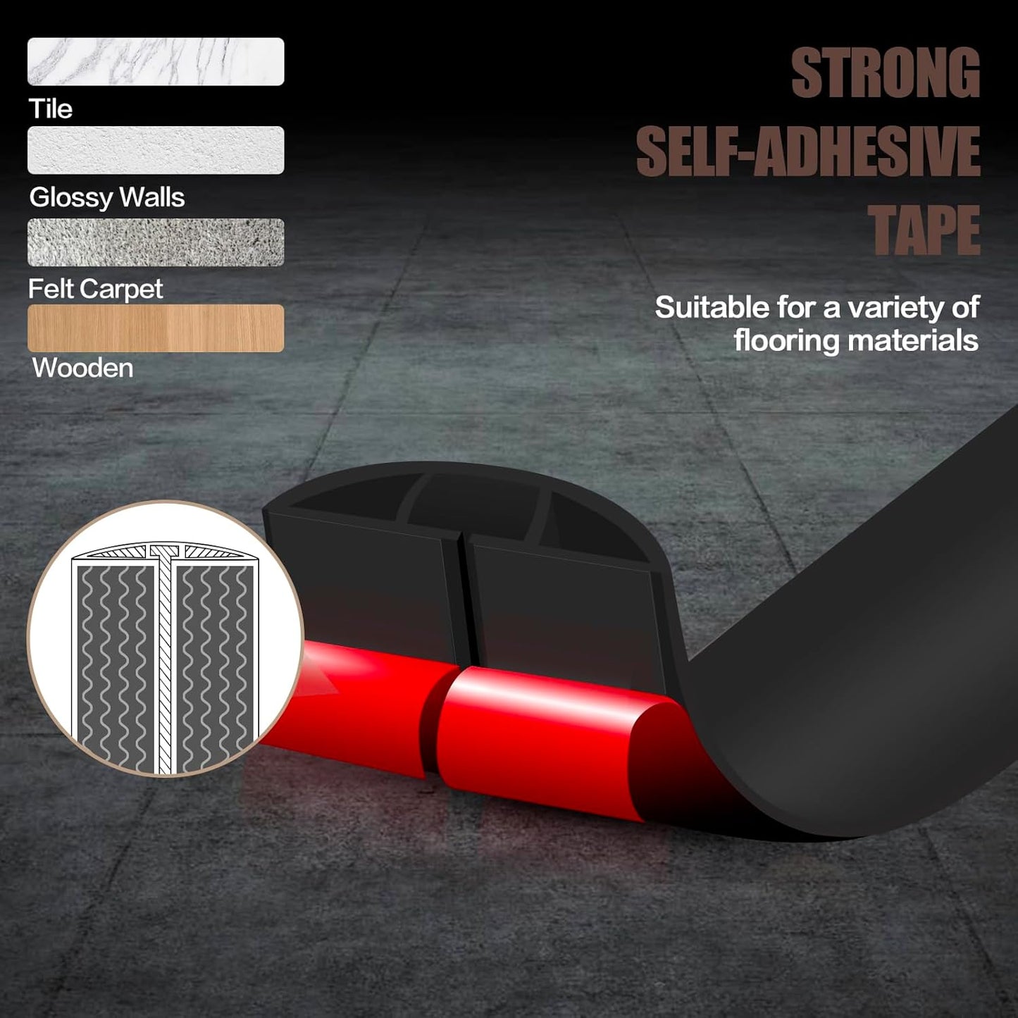 Floor Cord Cover Self Adhesive Cord Hider,3.3FT Cable Management, Extension Strip Protector for Wires, Prevent Cable Trips for Offices, Gyms, Exhibitions Cavity:0.3"(W) x 0.28"(H) Black