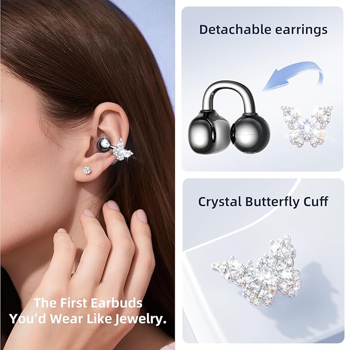 Kinglucky Gen2 Clip-On Earbuds with Butterfly Earrings, Charge & Store Without Removing Earrings, Comfortable Fit & 50H Playtime Open-Ear Bluetooth Headphones for Women, Small Ears, Gifts (Black)