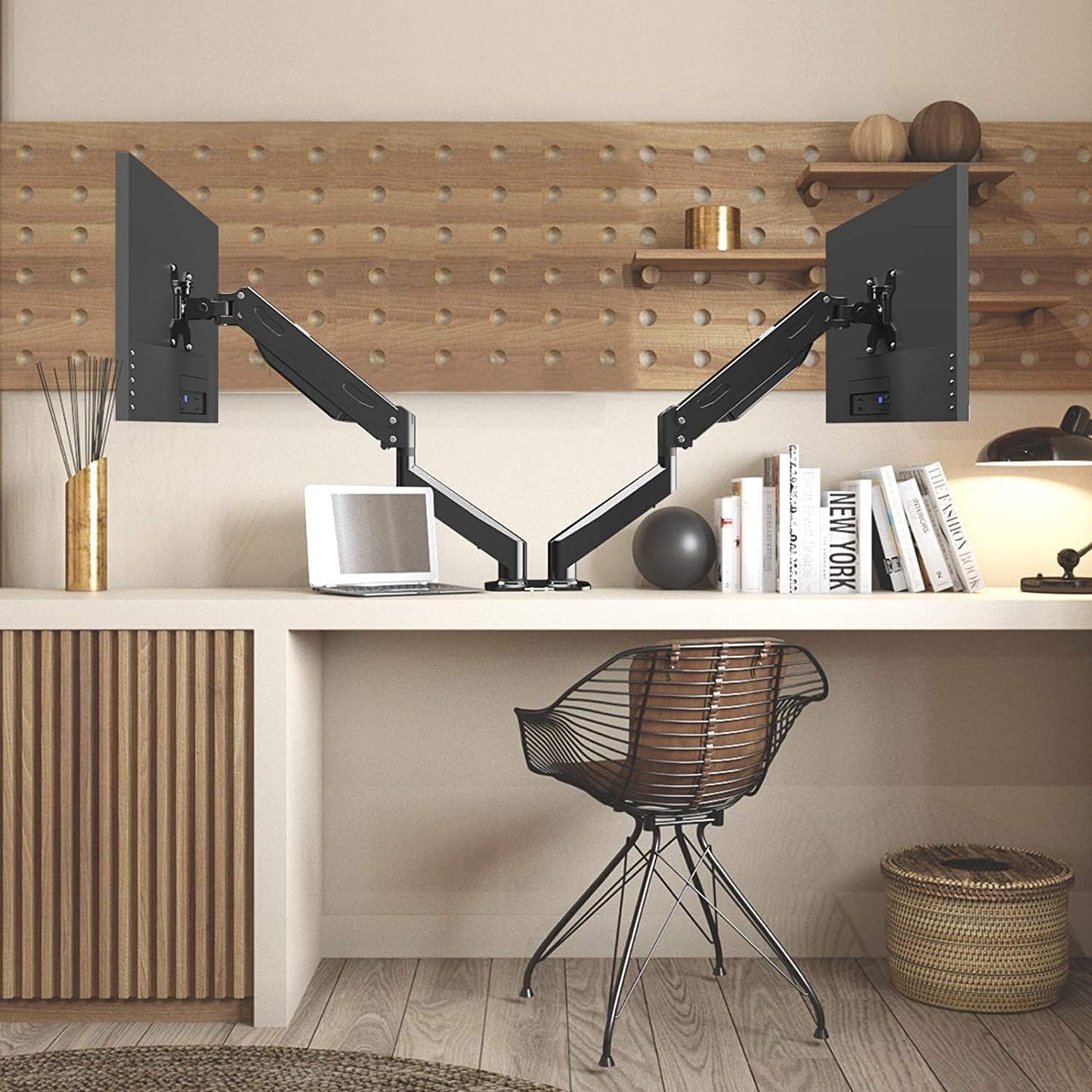 Pholiten Dual Monitor Arm 32inch,Fully Adjustable Gas Spring Monitor Desk Mount Vesa Bracket,Adjustable Tilt/Swivel/Rotate Monitor Stand Up to 22lbs