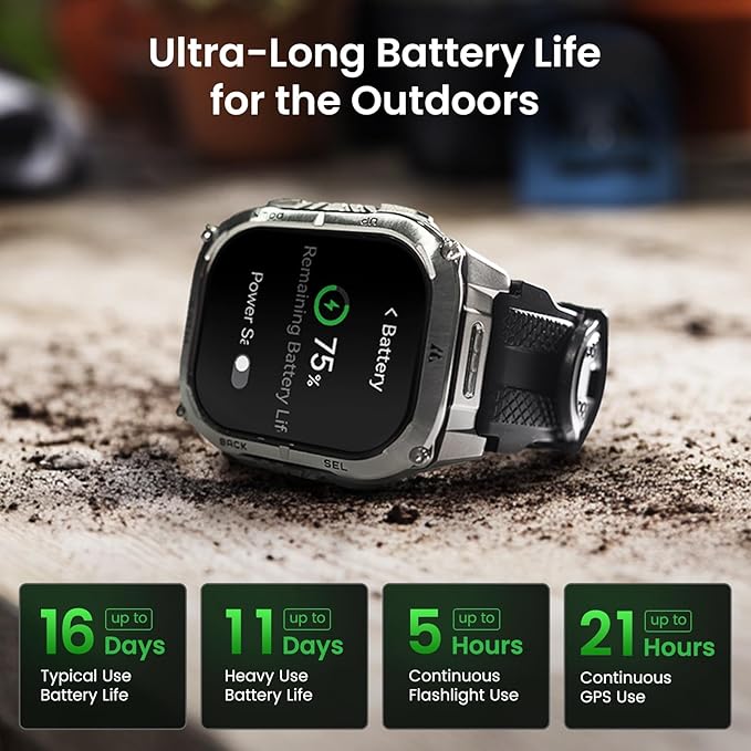 KOSPET Tank M4C Outdoor Smart Watch with GPS, 1.96" AMOLED Display, Built-in LED Flashlight & Walkie-Talkie, Long Battery Life, 5ATM Waterproof, Bluetooth Calls, 24/7 Heart Rate/Sleep Monitor