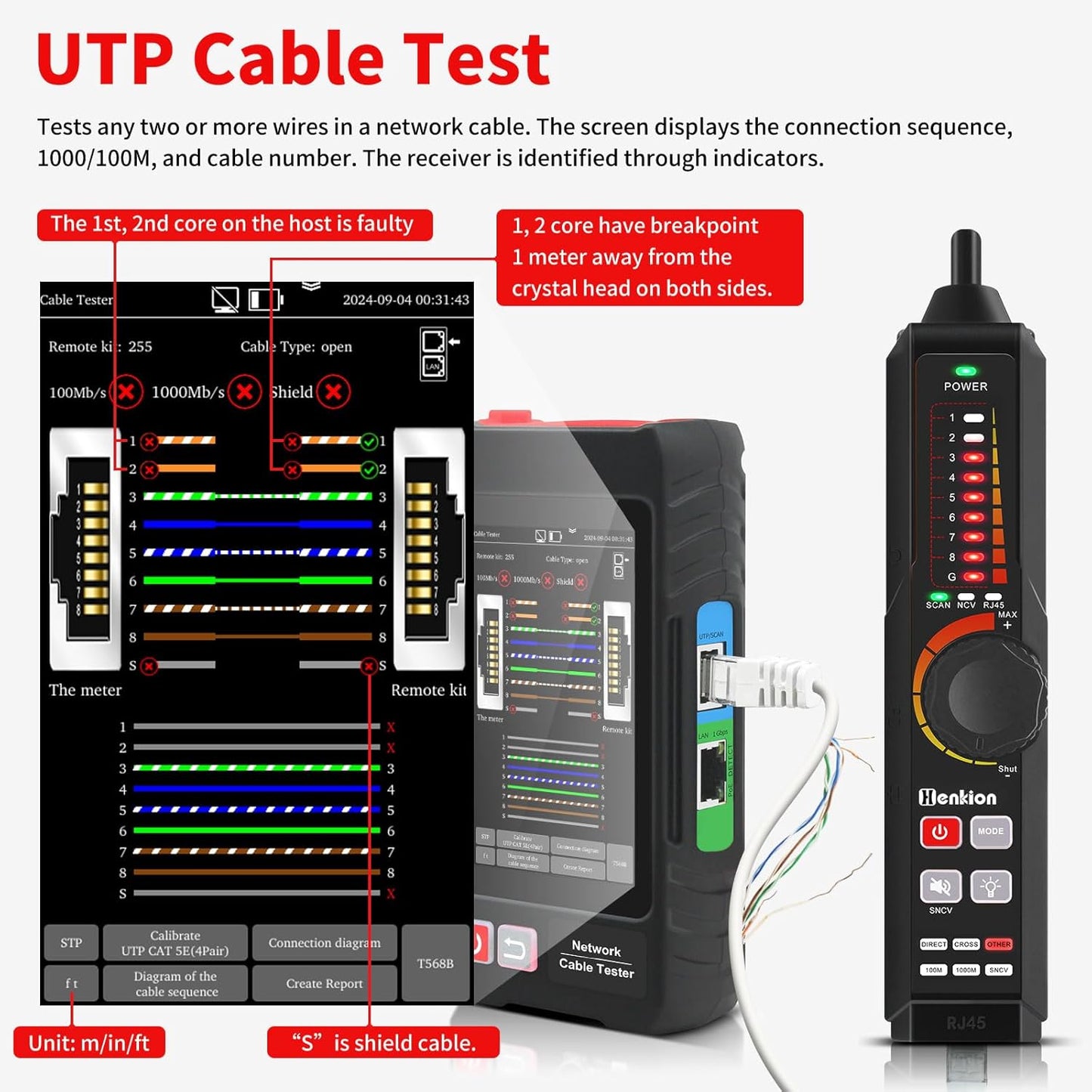 Multifunction RJ45 Network Caber Tester, 4" IPS Touch Screen UTP Cable Tester,Rechargeable Ethernet Cable Tracer,Support Network Tools, POE++ Detect,Cable Length Meter,RJ45 TDR Test, NCV,PD Power,FTP