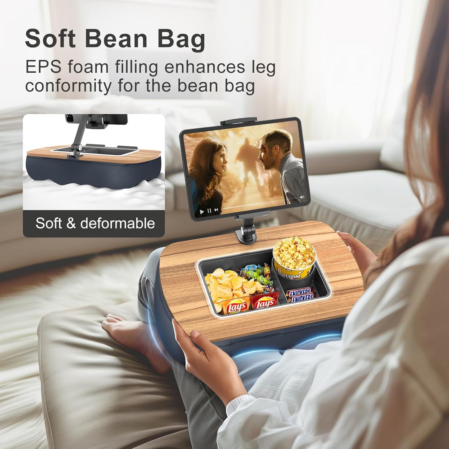 Lap Beanbag Tablet Pillow Stand,Adjustable iPad Holder with Snack Bowl,360° Rotating Clip for 4.7-13" Kindle,Phone,Tablet.Ideal for Hands-Free Reading and Relaxation on Bed,Couch,Recliner,Gray