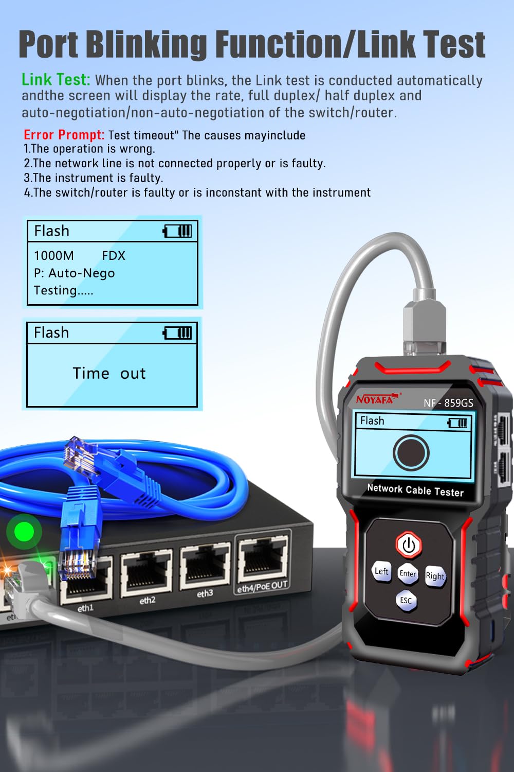 NF-8209S Network Cable Tester, RJ45 Ethernet Tester for POE/Cat5/Cat7/Cat6a/Cat6/Cat5e, Wire Mapper, Length, Open/Short, Wire Fault Locator, Ethernet LAN Network Toner Tool