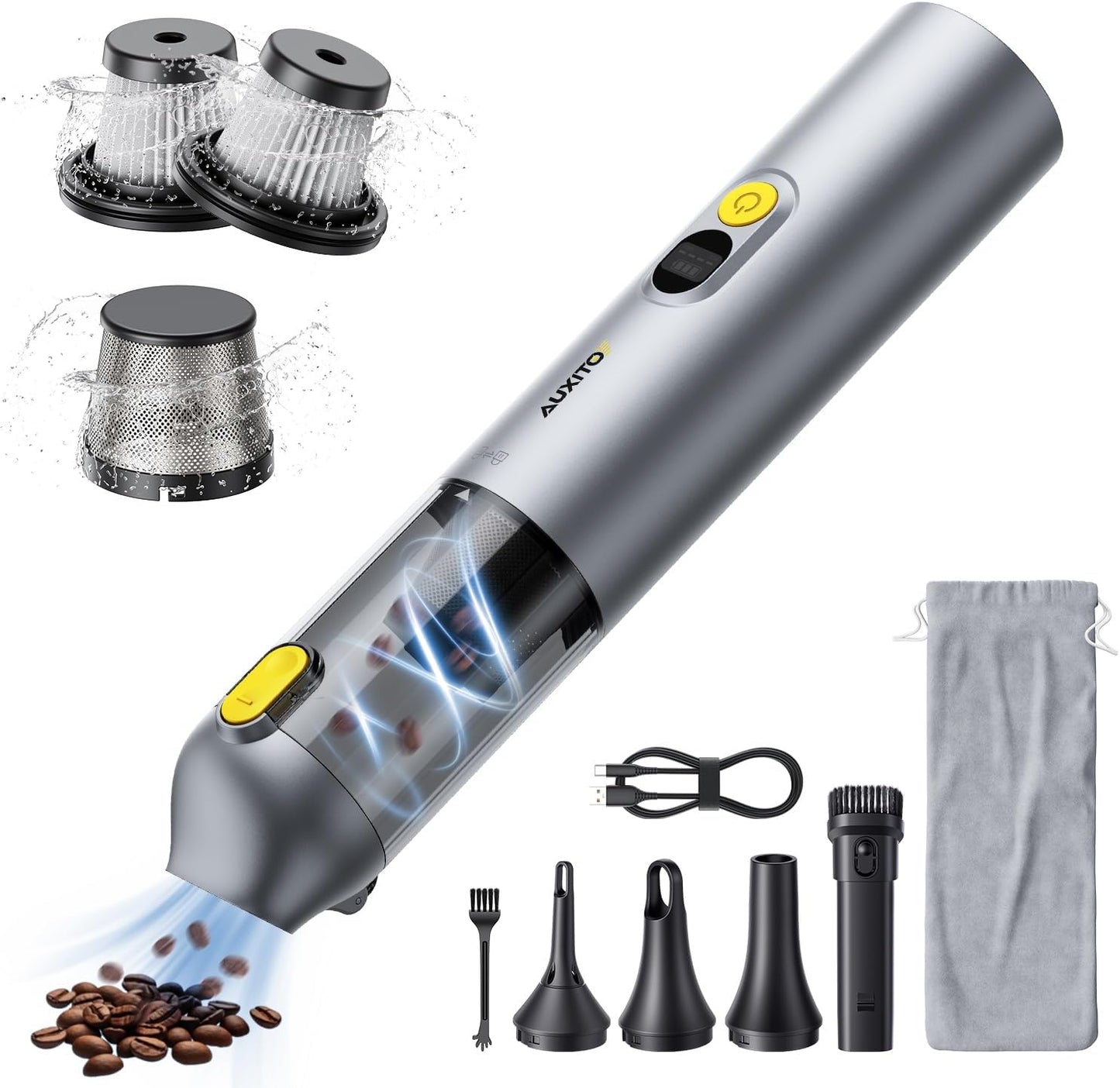 AUXITO Car Vacuum Cleaner - Portable Handheld Vacuum Cleaner 14000Pa Suction Power, Blow & Suction 2 in 1 Mini Vacuum Cleaner Hand Held Vacuum for Car, Home, Pet, Office (Silver)