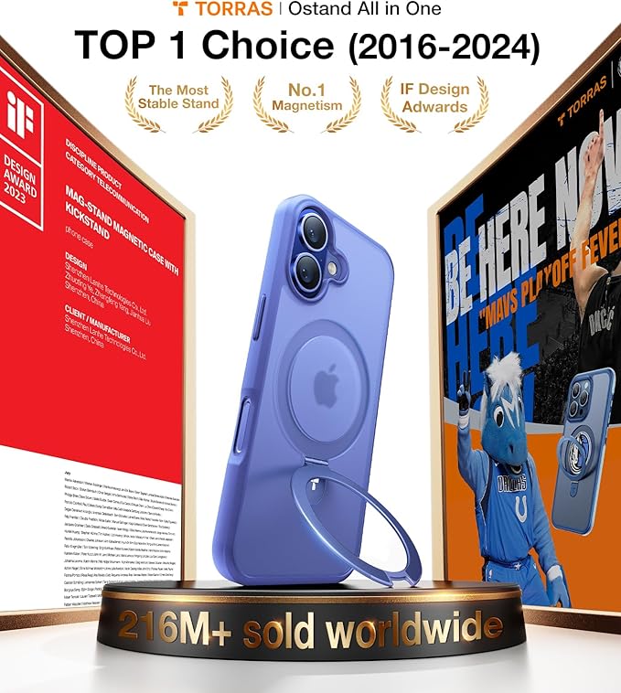 TORRAS Magnetic for iPhone 16 Case with Stand, Built-in Stand Compatible with MagSafe, 3X Military-Grade Protection, Translucent Slim Phone Case for iPhone 16 6.1'', Matte Blue