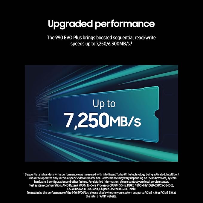 Samsung 990 EVO Plus SSD 2TB, PCIe Gen 4x4, Gen 5x2 M.2 2280, Speeds Up-to 7,250 MB/s, Upgrade Storage for PC/Laptops, HMB Technology and Intelligent Turbowrite 2.0, (MZ-V9S2T0B/AM)