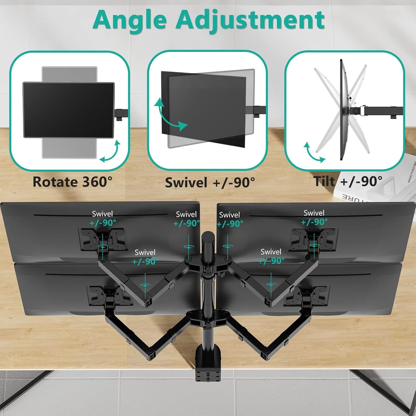 WALI Quad Monitor Desk Mount, 4 Monitor Stand Fits Heavy Duty Computer Screen up to 27 inch, Full Adjustable Arm Holds up to 22 lbs per Arm (M004), Black