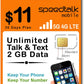 SpeedTalk Mobile Prepaid Cell Phone SIM Card for Smart Phones & Cellphones | $11 Monthly Plan - Unlimited Talk & Text + 2GB 5G 4G LTE Data | 3-in-1 SIM Card Standard Micro Nano