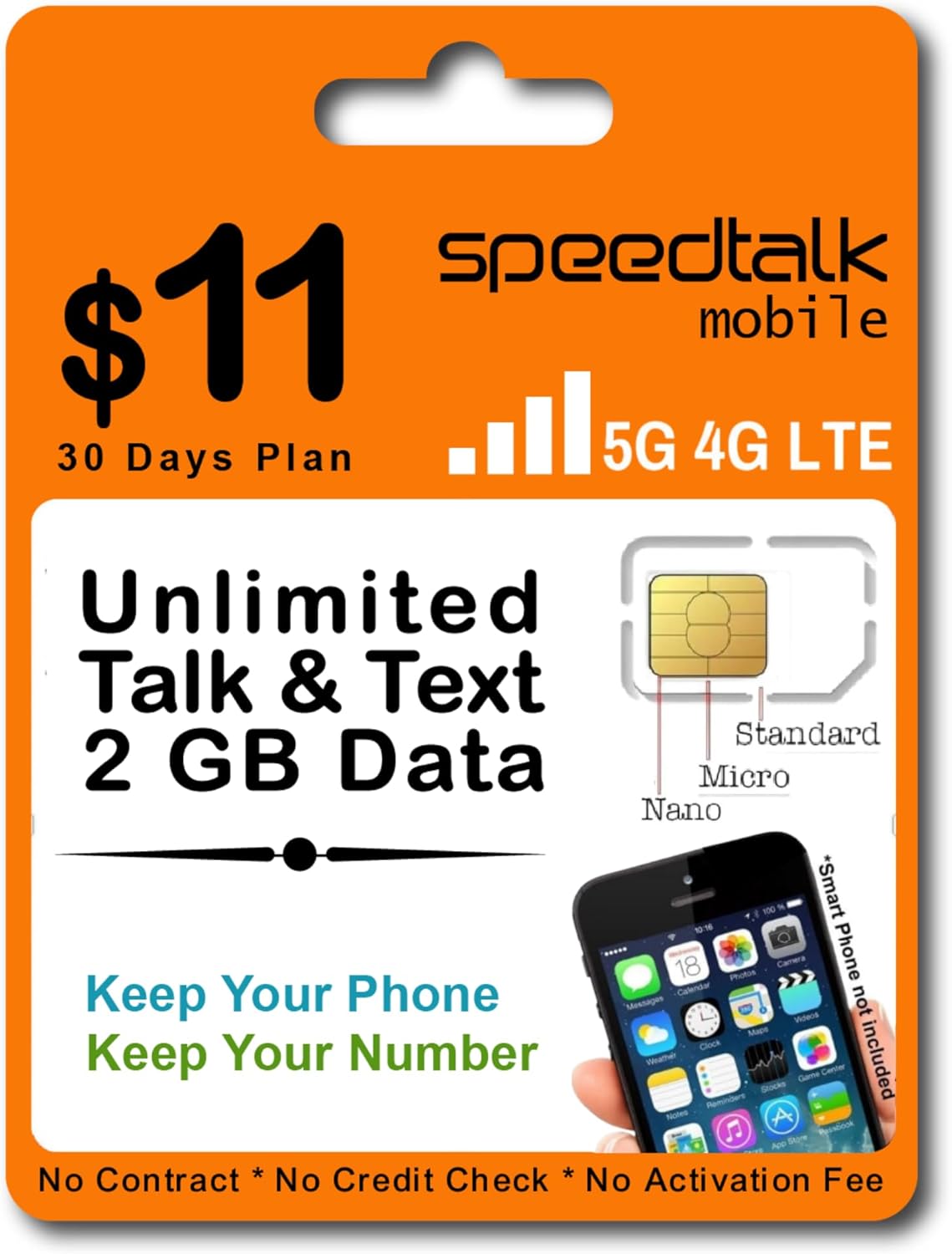 SpeedTalk Mobile Prepaid Cell Phone SIM Card for Smart Phones & Cellphones | $11 Monthly Plan - Unlimited Talk & Text + 2GB 5G 4G LTE Data | 3-in-1 SIM Card Standard Micro Nano