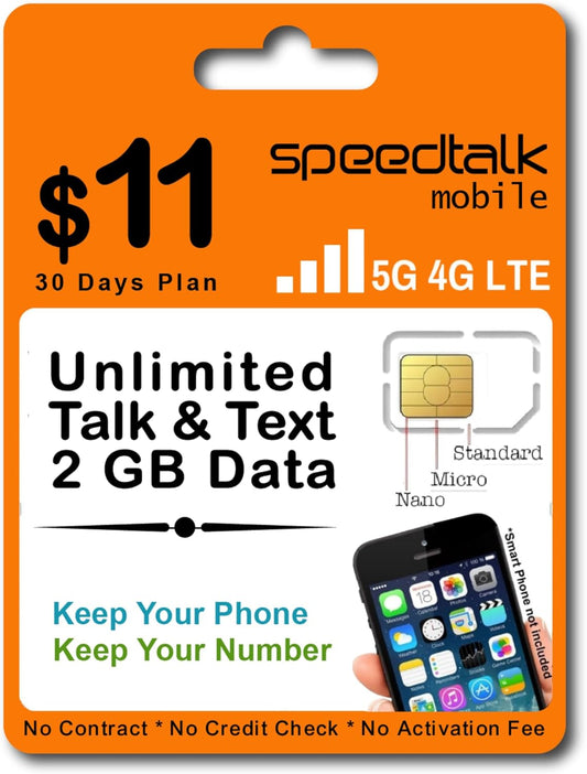 SpeedTalk Mobile Prepaid Cell Phone SIM Card for Smart Phones & Cellphones | $11 Monthly Plan - Unlimited Talk & Text + 2GB 5G 4G LTE Data | 3-in-1 SIM Card Standard Micro Nano