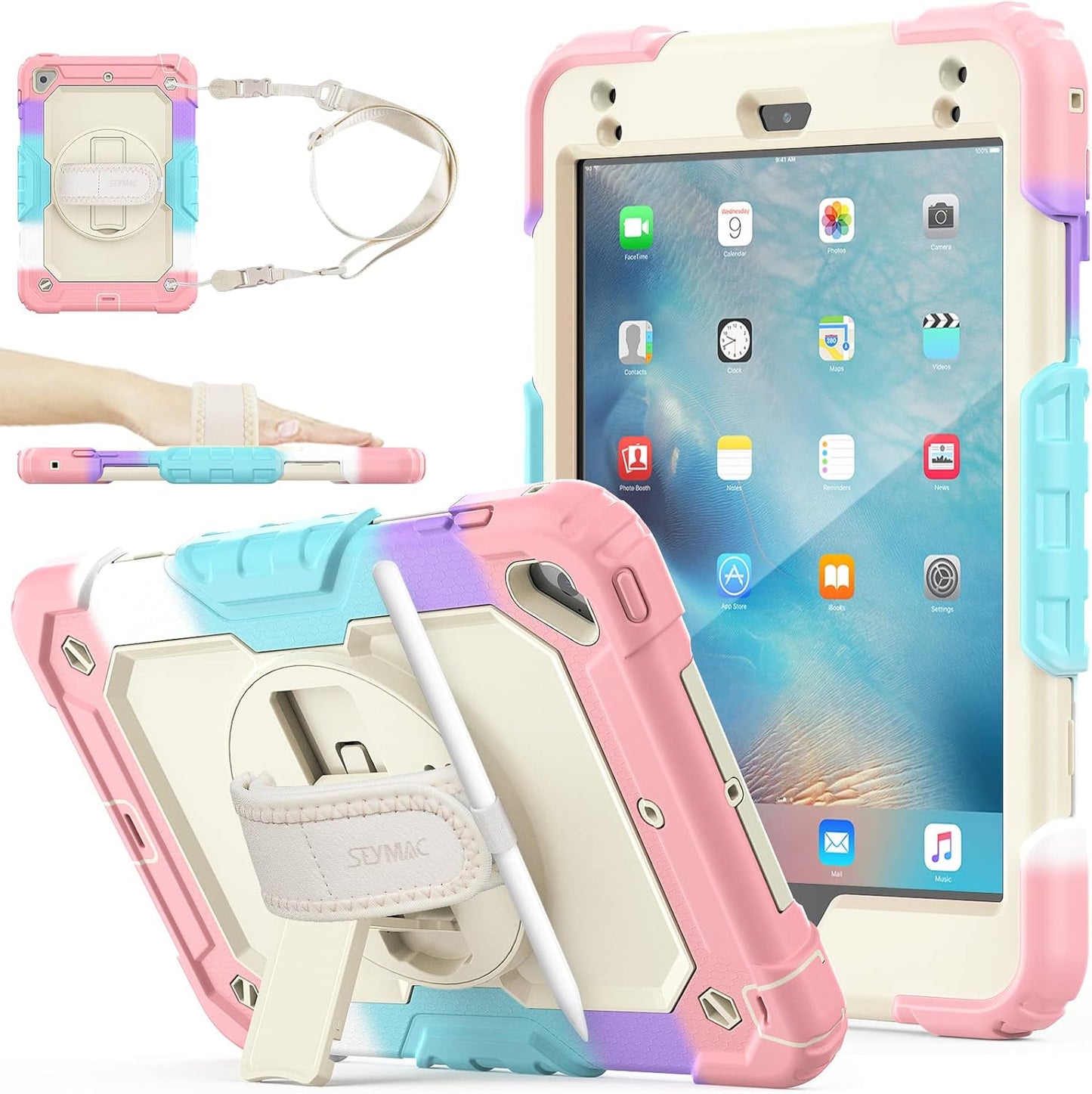 SEYMAC stock Case for iPad mini 5/4 with Screen Protector Pencil Holder [360 Rotating Hand Strap] & Stand, Drop-Proof Case for iPad mini 5th/4th Generation 7.9 inch (Yellowish+Rose)