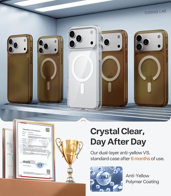 TORRAS Stronger Magnetic for iPhone 17 Pro Case Clear, [Covered Camera Control] [Anti-Yellowing] Compatible with MagSafe, Military-Grade Drop Protection, Slim Phone Case for iPhone 17 Pro