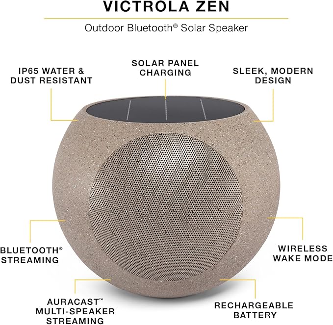 Victrola Zen – Wireless Outdoor Bluetooth Solar Speaker – IP65 Weather Resistant, Solar Charging, Multi-Speaker Connection Using Auracast (Each, Stone)